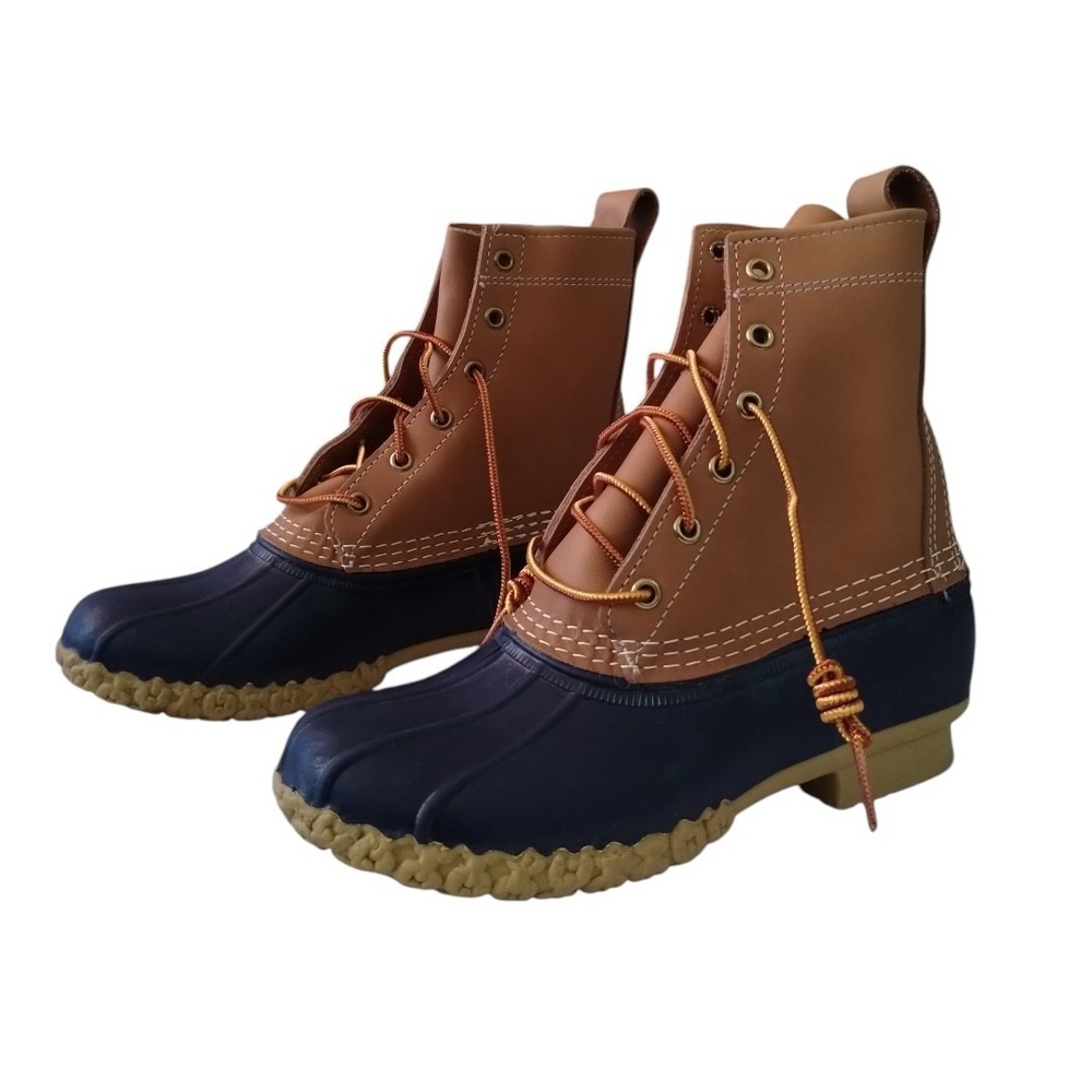 L. L.Bean Womens 8" Bean Boots Tan Navy Duck Rubber Sz 6 Outdoor Waterproof